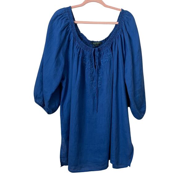 Lauren Ralph Lauren Top Womens 3X BlueLinen Floral Embroidered Tunic Boho - Picture 1 of 11